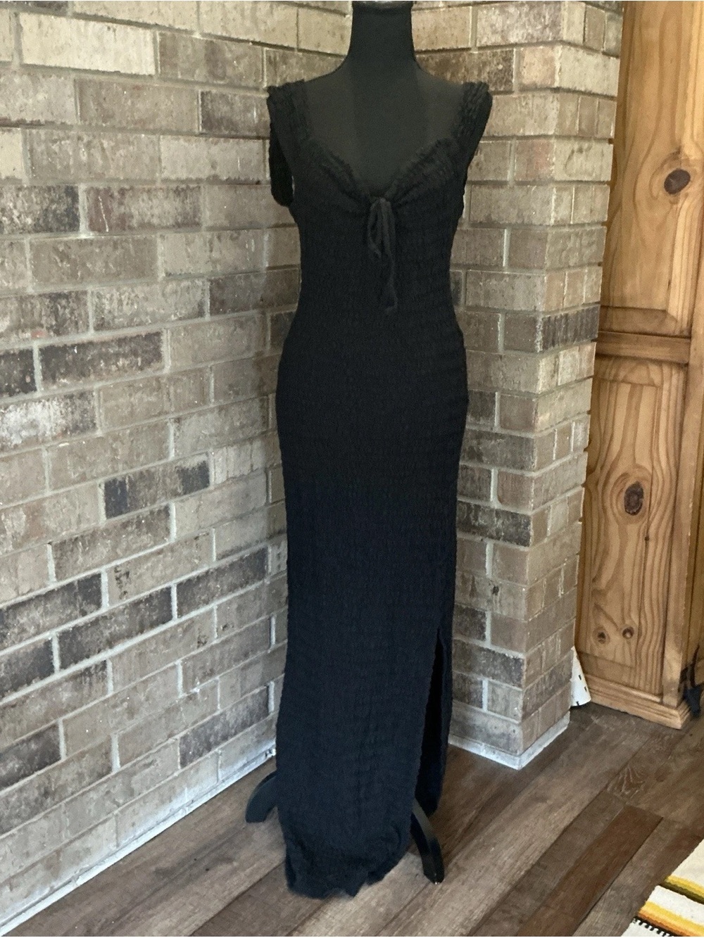 Free People Black Ribbed Sleeveless Maxi Dress with Front Tie